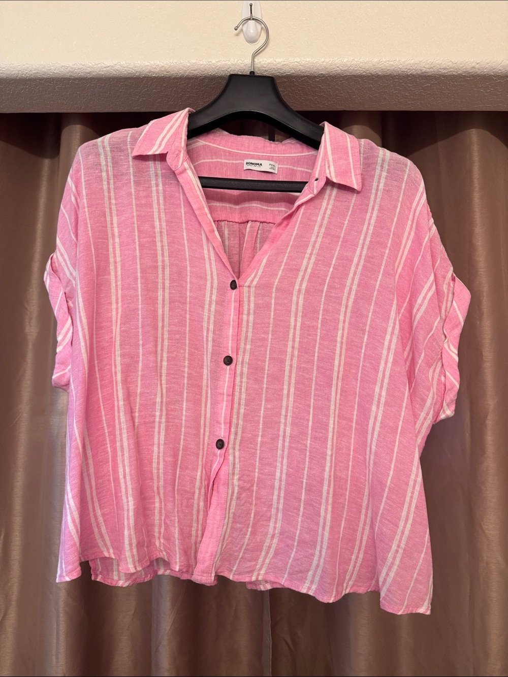 Sonoma Pink and White Striped Short-Sleeve Button-Front Shirt